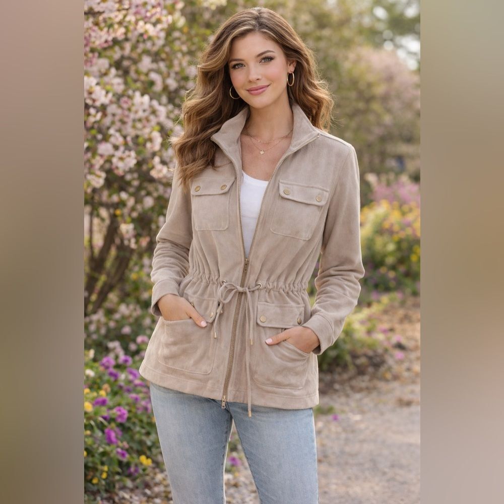 Calvin Klein Cream Utility Jacket with Four Pockets and Belted Waist